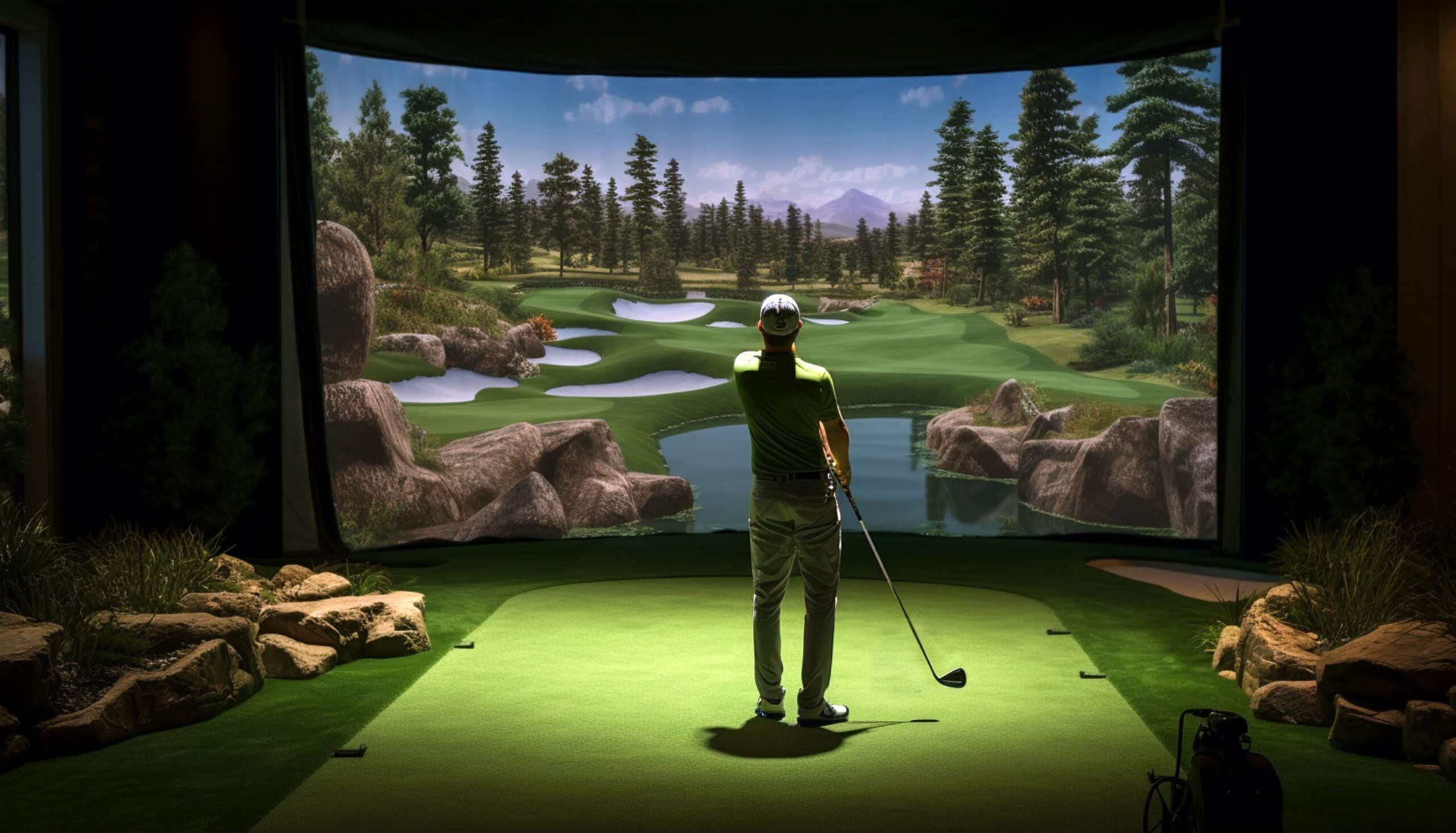 An indoor hitting bay with a golf simulator screen lit at the far wall.